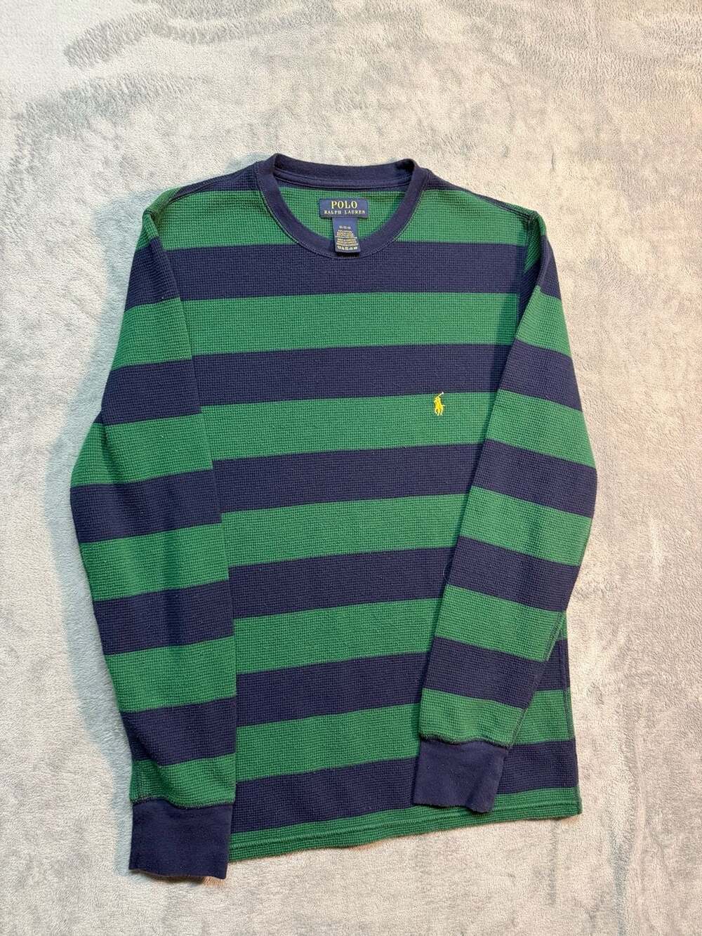 Polo Ralph Lauren Men's Green Navy Striped Waffle Knit Thermal Crewneck